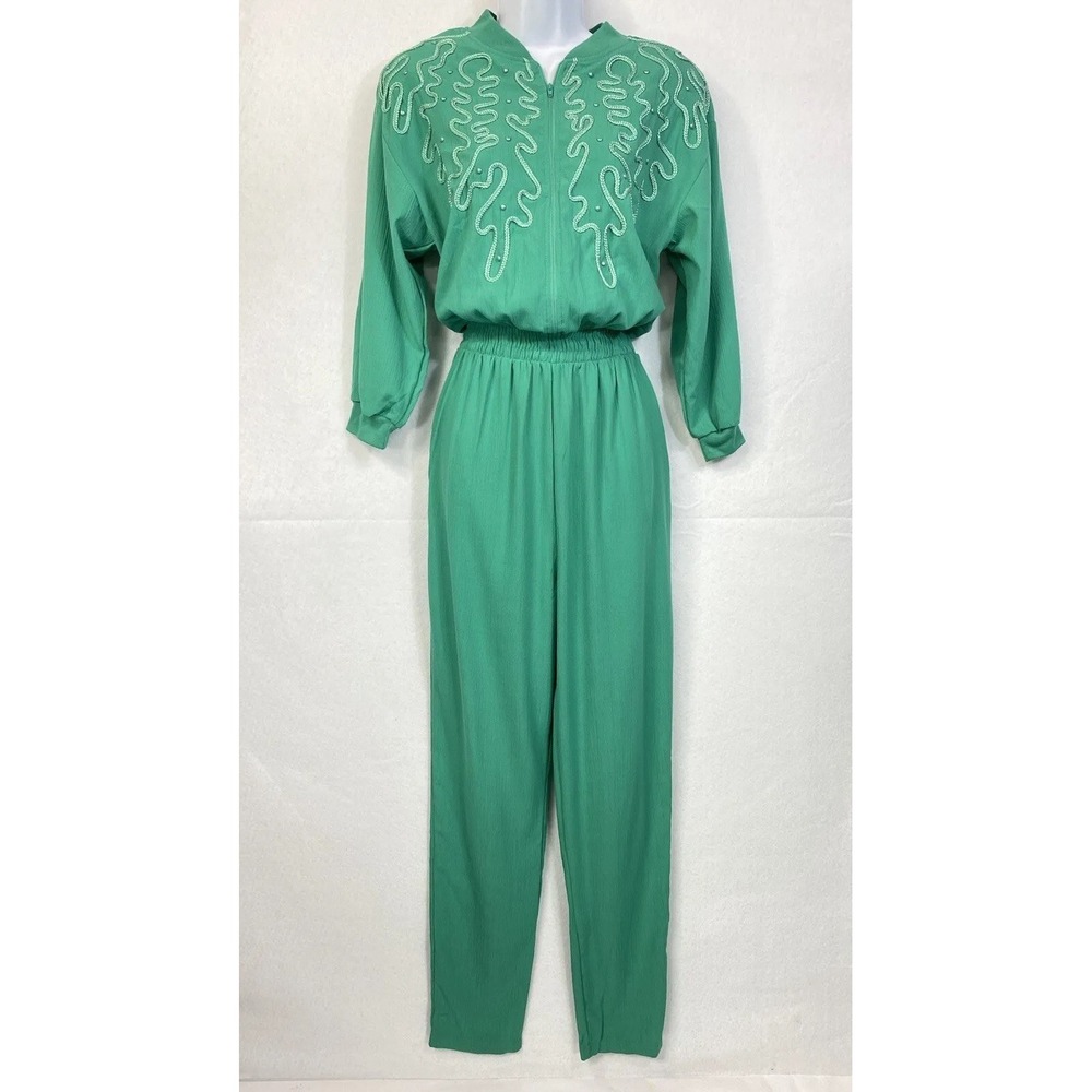 Adolfo Sport Women Small Jumpsuit Green Retro Beaded Elastic Waist Tapered VTG